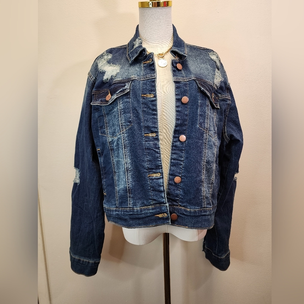 Fashion Nova Disstressed Blue Denim Jacket, Size 1X